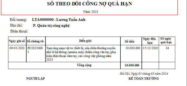 Sổ theo dõi công nợ quá hạn